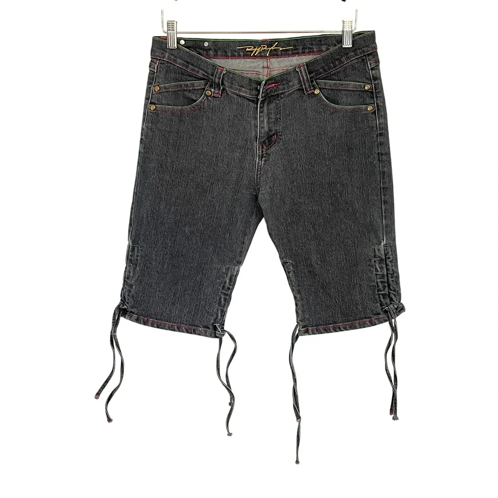 Ruff Ryders Y2K Womens Denim Long Shorts Side Tie Contrast Stitch Size 7/8‎ READ